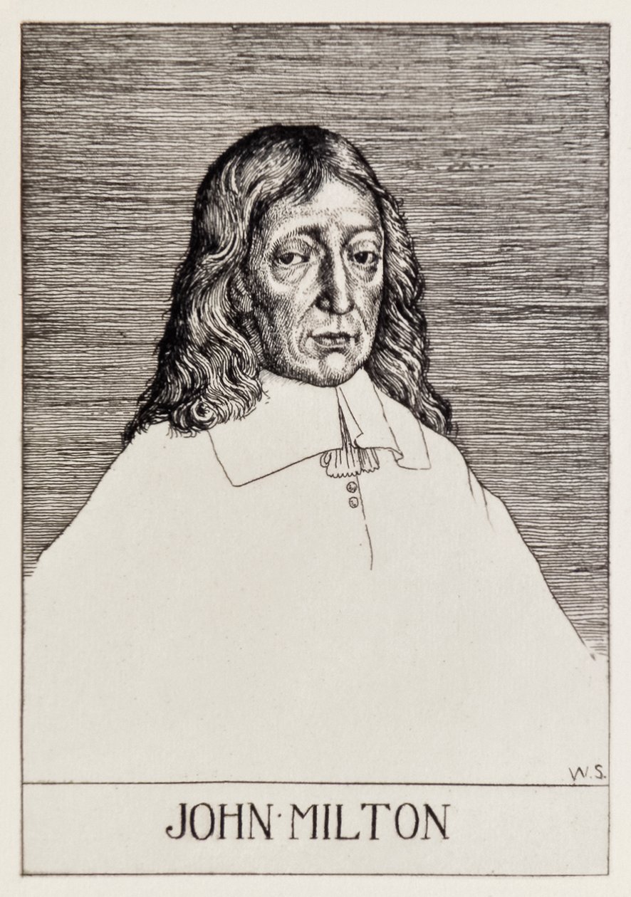 Frontispice-portrett av John Milton (1608-1674) fra Paradise Lost av en serie på 12 illustrasjoner etset av William Strang (1859-1921) av William Strang