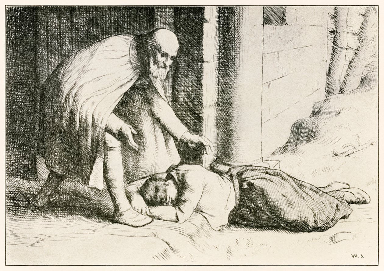 Mercy besvimer foran porten fra The Pilgrims Progress From This World, To That Who Is To Come av John Bunyan (1628-1688) illustrasjon av William Strang (1859-1921) Portvakten hjelper Mercy som f. av William Strang