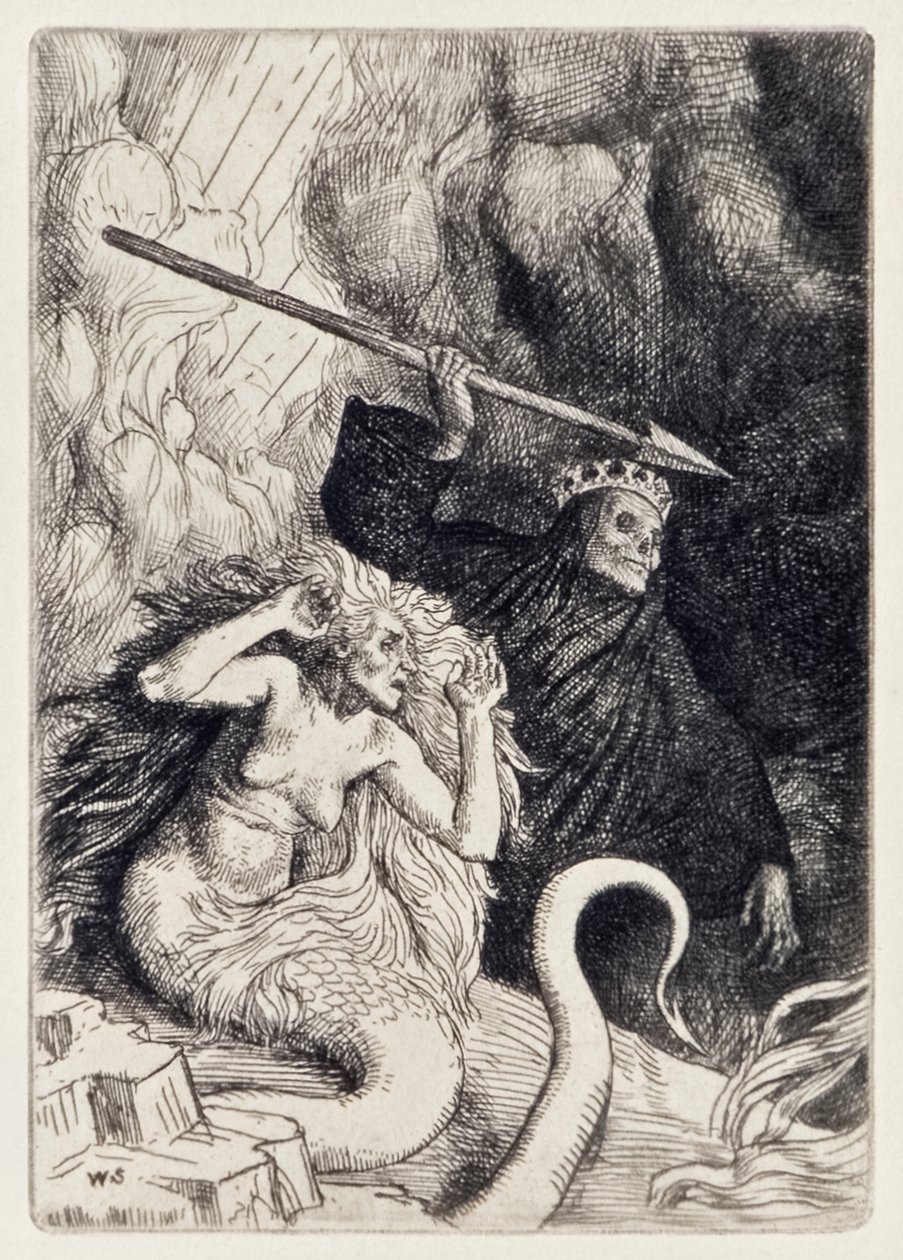 Sin and Death at the Gates of Hell from Paradise Lost av John Milton (1608-1674) en serie på 12 illustrasjoner etset av William Strang (1859-1921) av William Strang