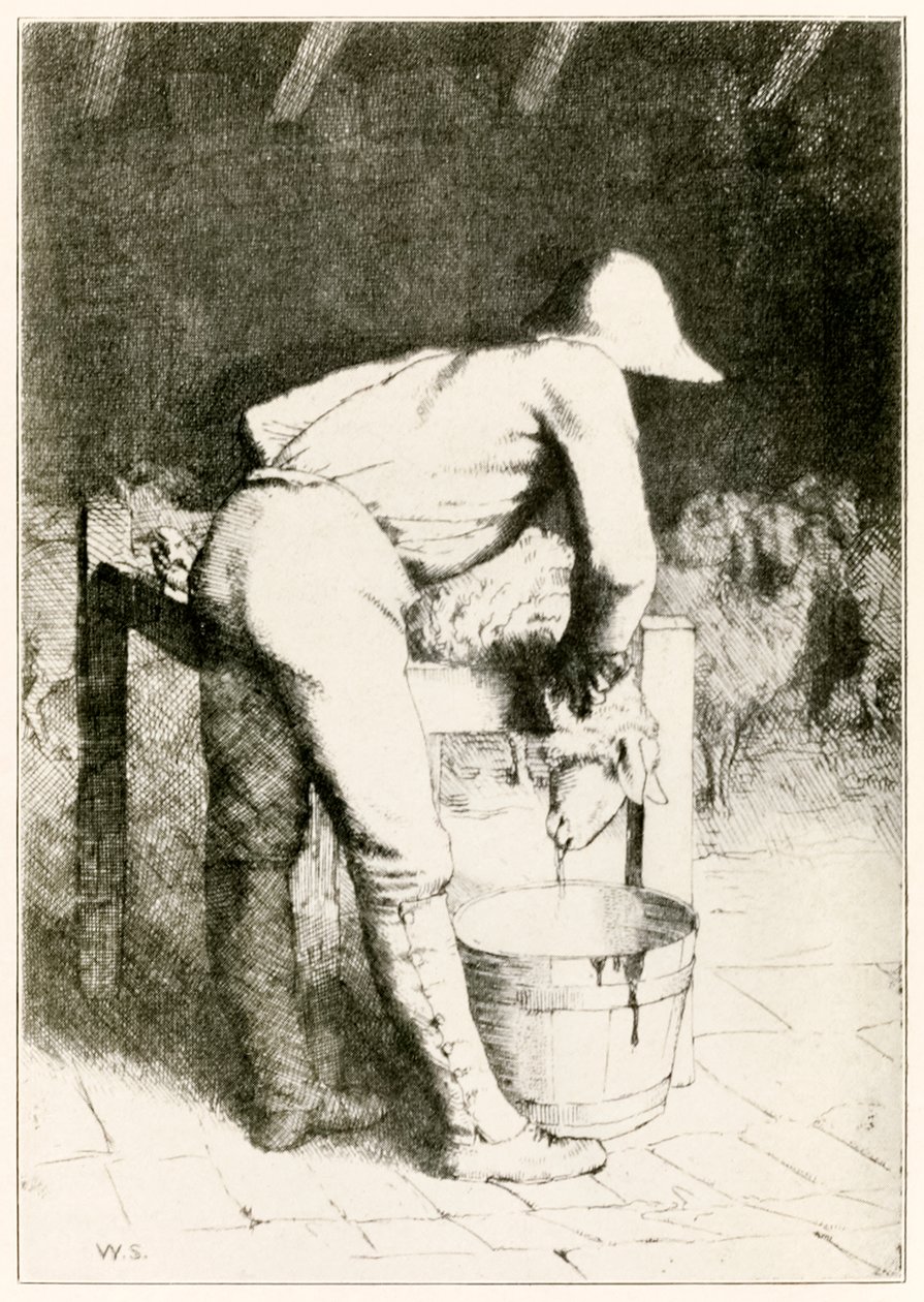 The Butcher and the Sheep from The Pilgrims Progress From This World, To That What Is To Come av John Bunyan (1628-1688) illustrasjon av William Strang (1859-1921) Sauen tar hennes død i stillhet av William Strang