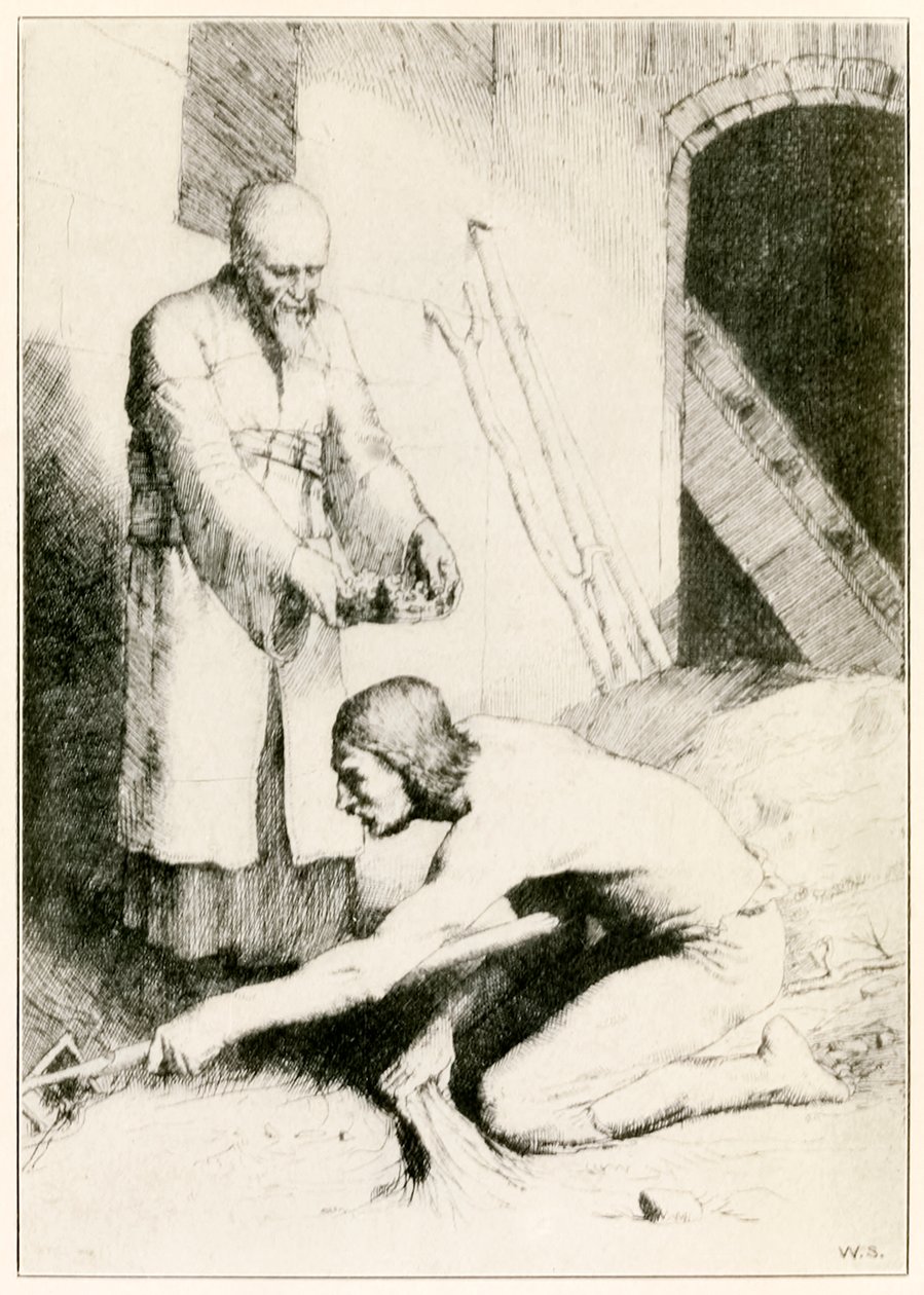 The Man with the Muckrake fra The Pilgrims Progress From This World, To That What Is To Come av John Bunyan (1628-1688) illustrasjon av William Strang (1859-1921) In the Interpreters House the man c av William Strang