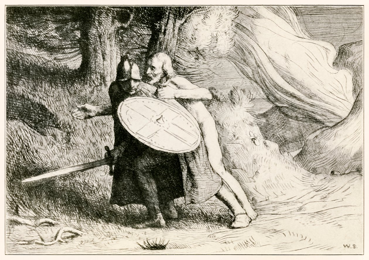 The Valley of the Shadow of Death fra Pilegrimene Progress From This World, To That What Is To Come av John Bunyan (1628-1688) illustrasjon av William Strang (1859-1921) Christian passerer munnen av William Strang