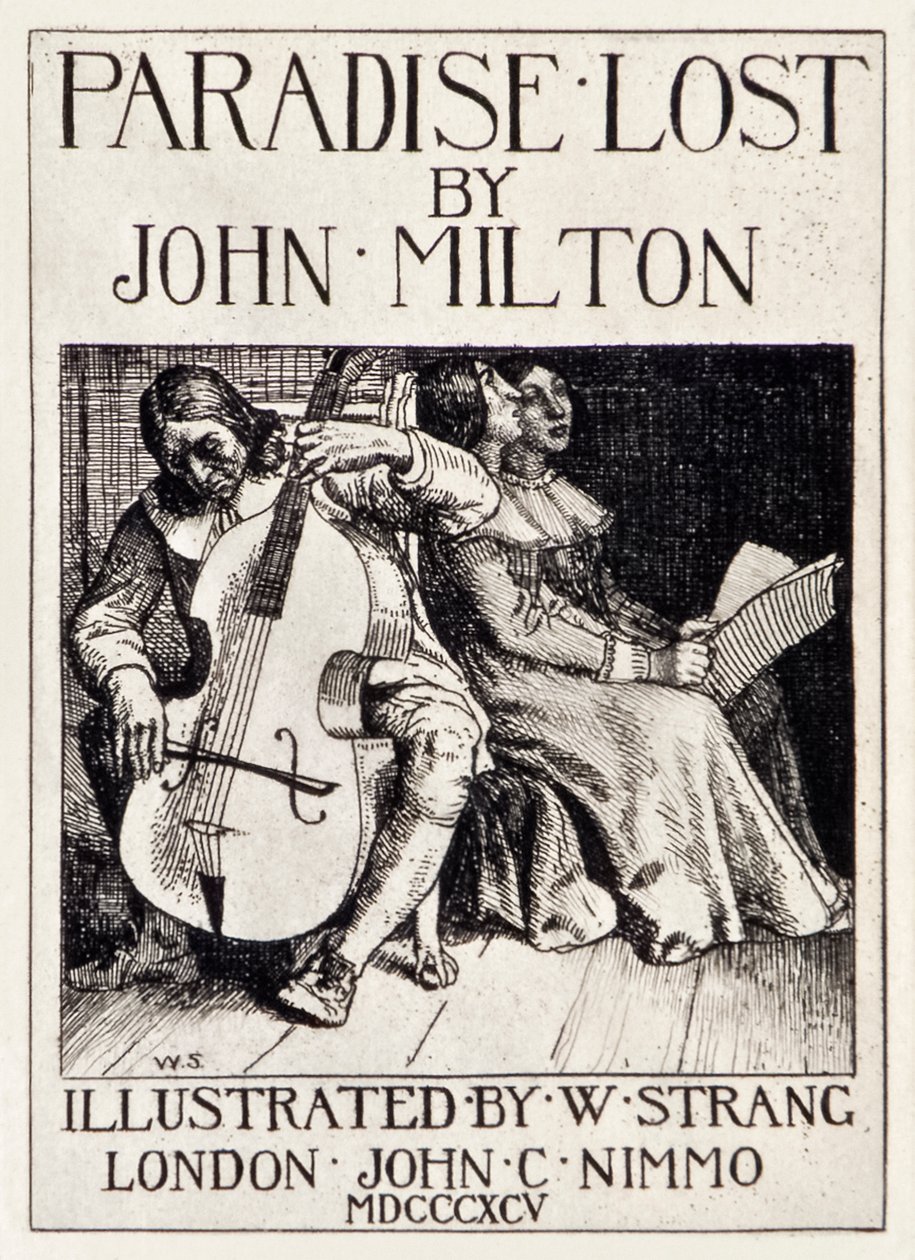 Tittelside fra Paradise Lost av John Milton (1608-1674), en serie på 12 illustrasjoner etset av William Strang (1859-1921) som viser Milton som spiller cello for døtrene sine. av William Strang