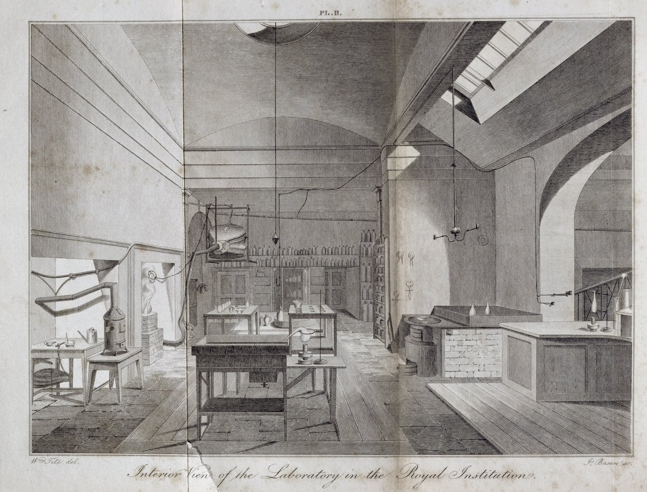 Innvendig utsikt over laboratoriet i The Royal Institution, gravert av James Basire (1796-1869) fra William Thomas Brandes A Manual of Chemistry, utgitt 1819, 1819 av William Tite