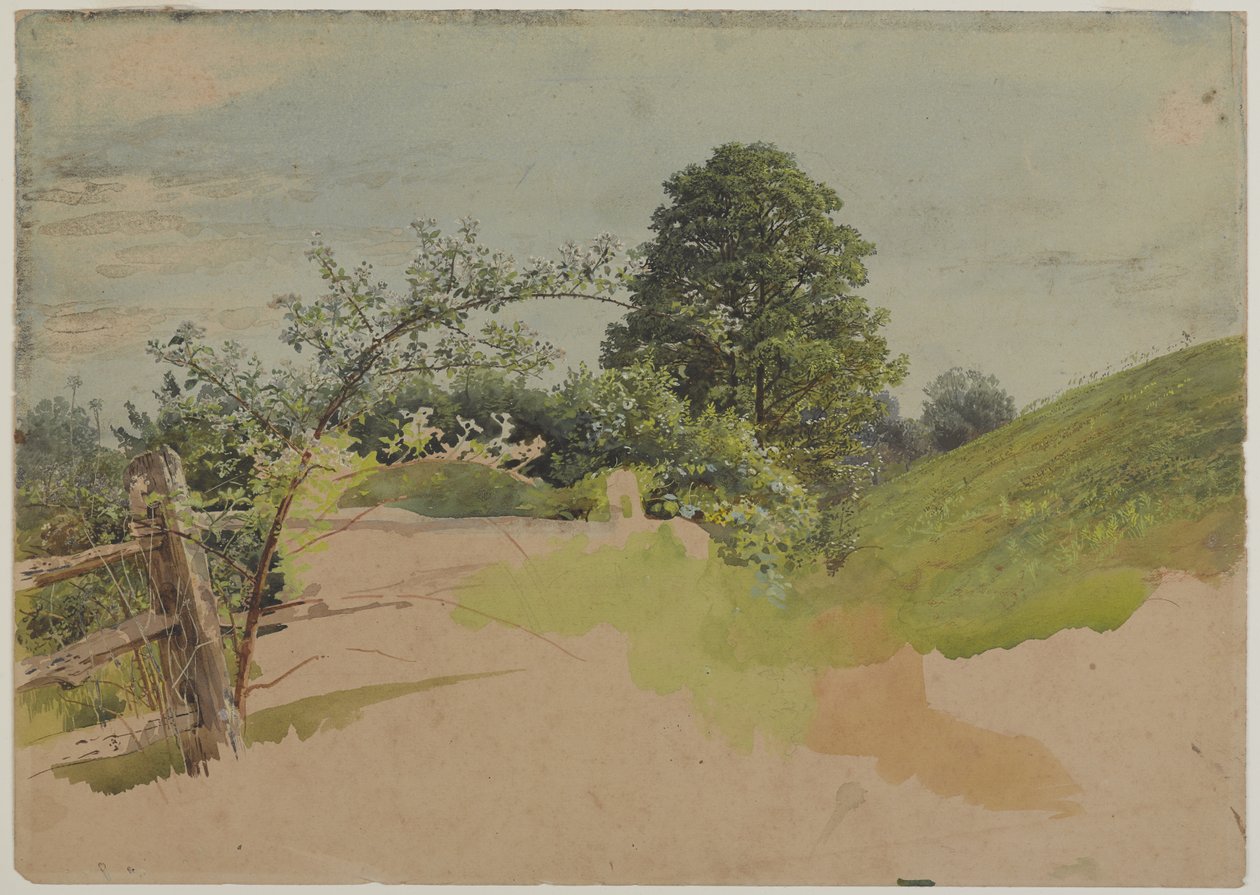Landskap med gjerde, 1870-1880-tallet (gjennomsiktig og ugjennomsiktig wc over grafitt på vevd papir) av William Trost Richards