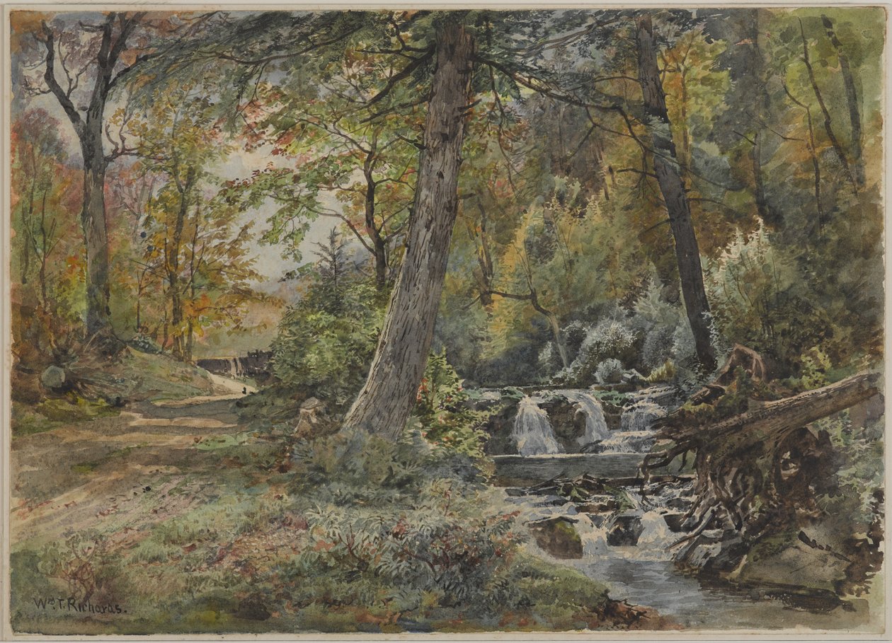 Landskap med Stream and Road, Chester County, ca. 1886 (wc over grafitt på off-white, moderat tykt, moderat teksturert vevd papir) av William Trost Richards