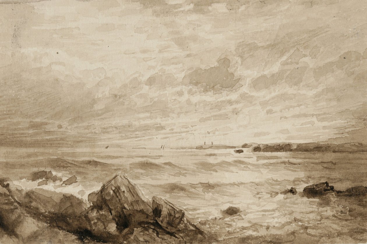 Steiner og hav (vask på papir) av William Trost Richards