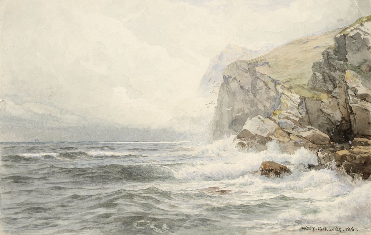Surf Breaking on Coastal Rocks, 1887 (wc og grafitt på kremvevd papir) av William Trost Richards