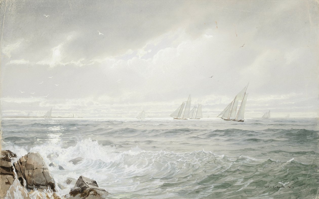 Yachts Off Newport, 1877 (wc og gouache på brunfarget papir) av William Trost Richards
