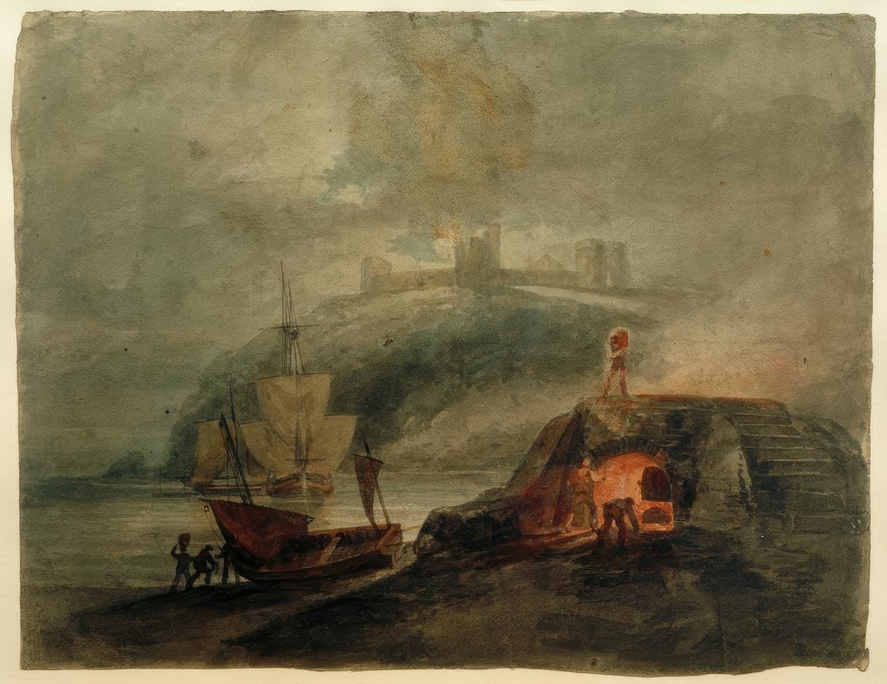 Llanstephan Castle ved måneskinn, med en ovn i forgrunnen av Joseph Mallord William Turner