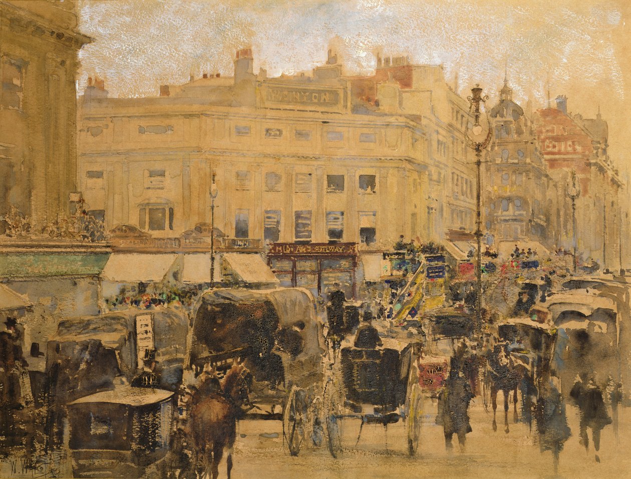 Rush Hour, Oxford Circus (wc og skjellakk med blyant på tonet papir) av William Walcot