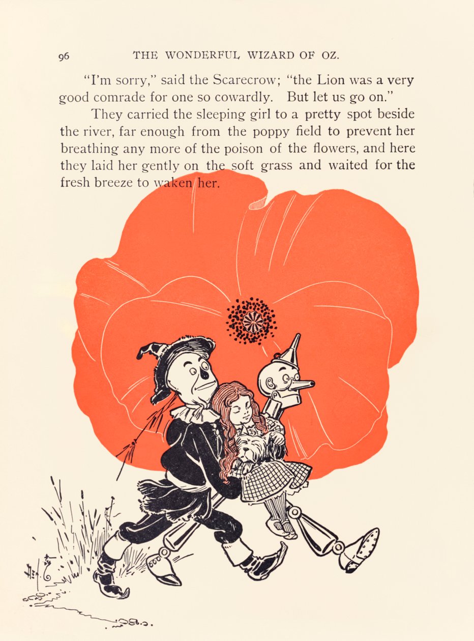 Fugleskremselet og Tin Woodman redder Dorothy fra den dødelige valmuemarken, fra ?The Wonderful Wizard of Oz? av L. Frank Baum av William Wallace Denslow