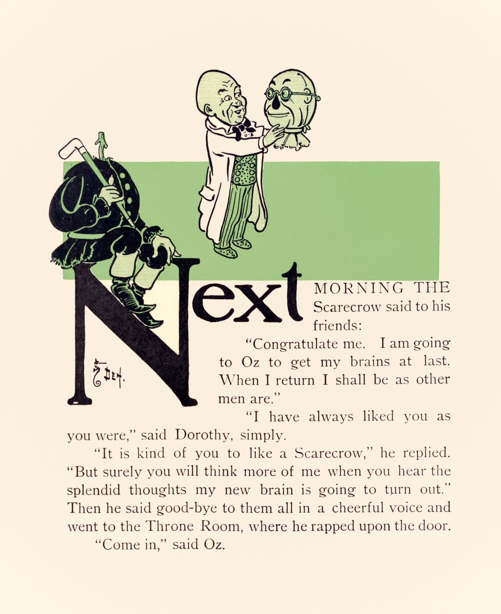 Trollmannen gir fugleskremselet nye hjerner, fra ?The Wonderful Wizard of Oz? av L. Frank Baum av William Wallace Denslow