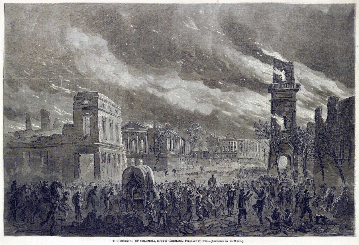 The Burning of Columbia, South Carolina, 17. februar 1865, pub. 1865 av William Waud
