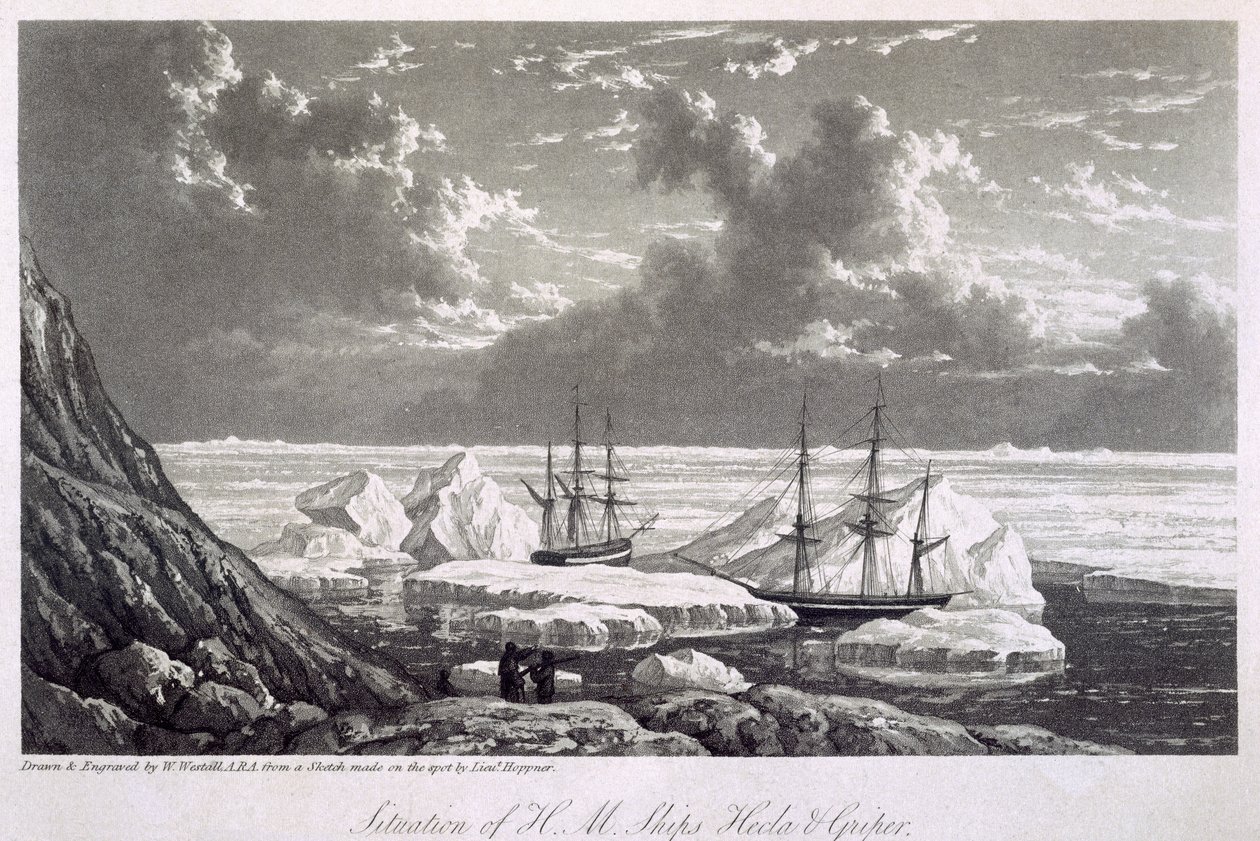 Situasjonen for HM-skipene Hecla und Griper fra 17. til 23. august 1820, fra «Journal of a Voyage for the Discovery of a North West Passage from the Atlantic to the Pacific» fremført i Y av William Westall