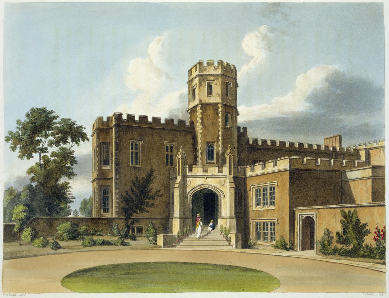 The Head Master's House, Rugby School, fra 'History of Rugby School', en del av 'History of the Colleges', gravert av Joseph Constantine Stadler (fl.1780-1812) pub. av R. Ackermann, 1816 (akvatint) av William Westall