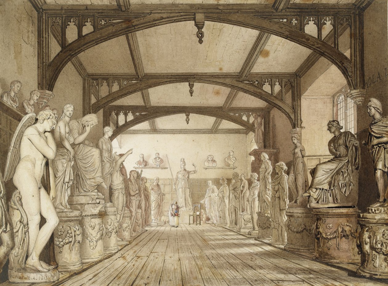 Skulpturgalleriet i Examination Schools, Oxford, 1813 (Penn og brunt blekk og akvareller over indikasjoner i grafitt) av William Westall