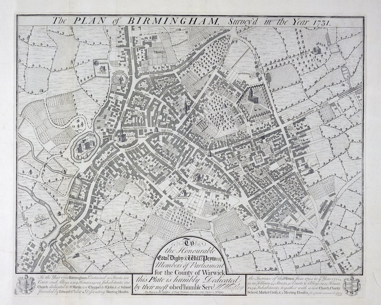Plan of Birmingham, 1731, publisert 1789 av William Westley