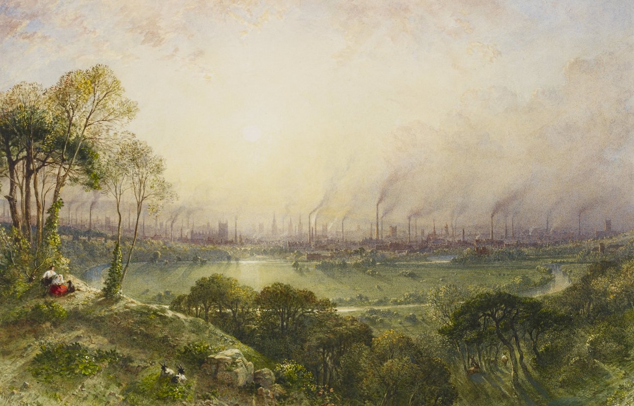 Manchester fra Kersal Moor, med rustikke figurer og geiter av William Wyld