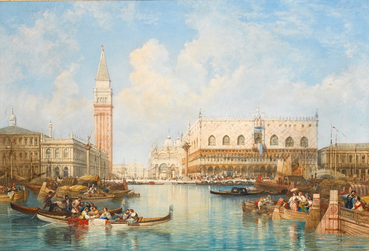 Dogepalasset og Piazetta fra lagunen, Venezia (wc på papir) av William Wyld