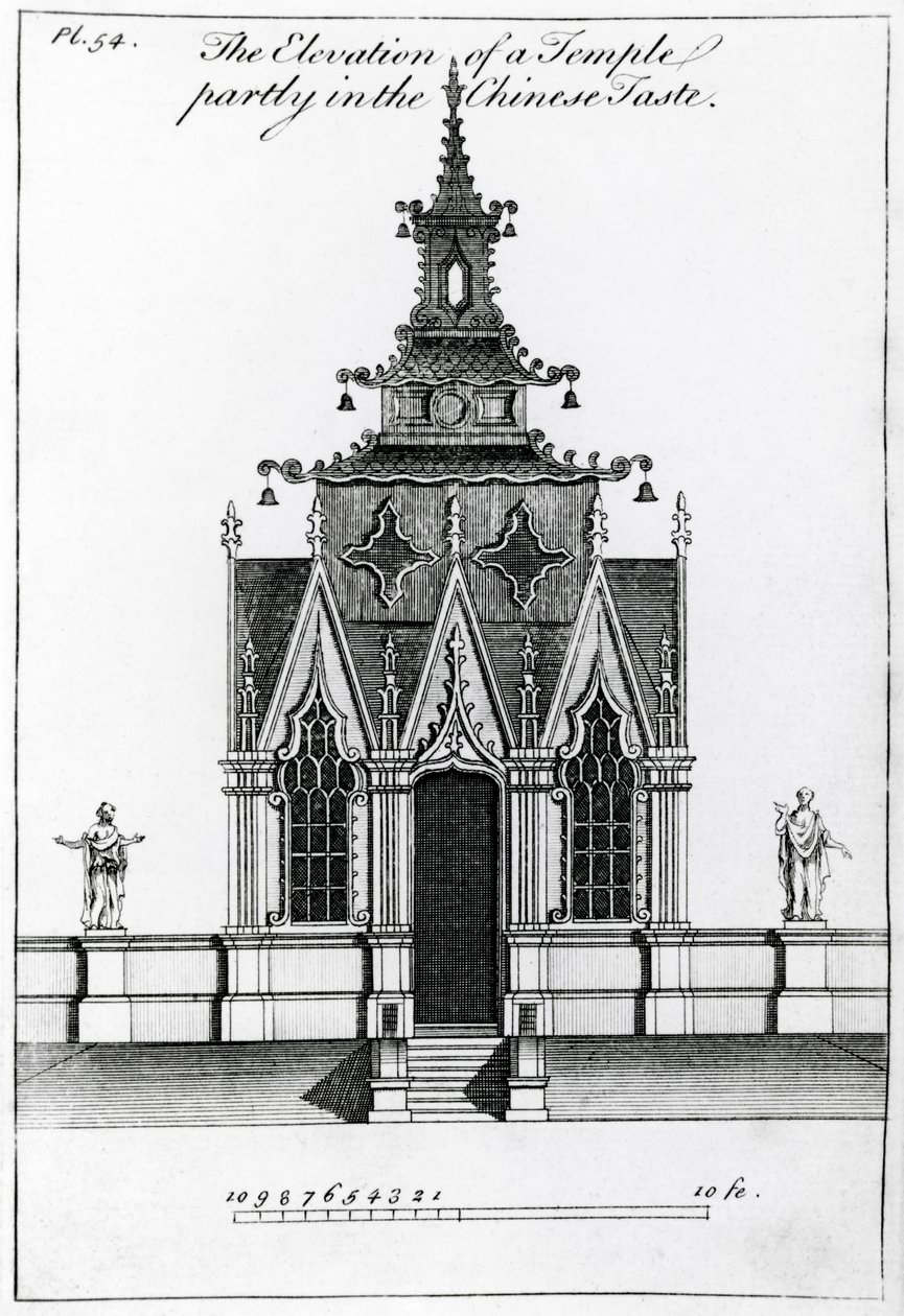 Forhøyningen av et tempel delvis i den kinesiske smaken, fra New Designs for Chinese Temples, publisert 1750-52 av William after Halfpenny