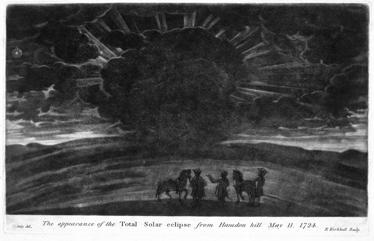 The Appearence of the Total Solar Eclipse fra Haradon Hill, 11. mai 1724, gravert av E. Kirkhall (mezzotint) av William after Stukeley