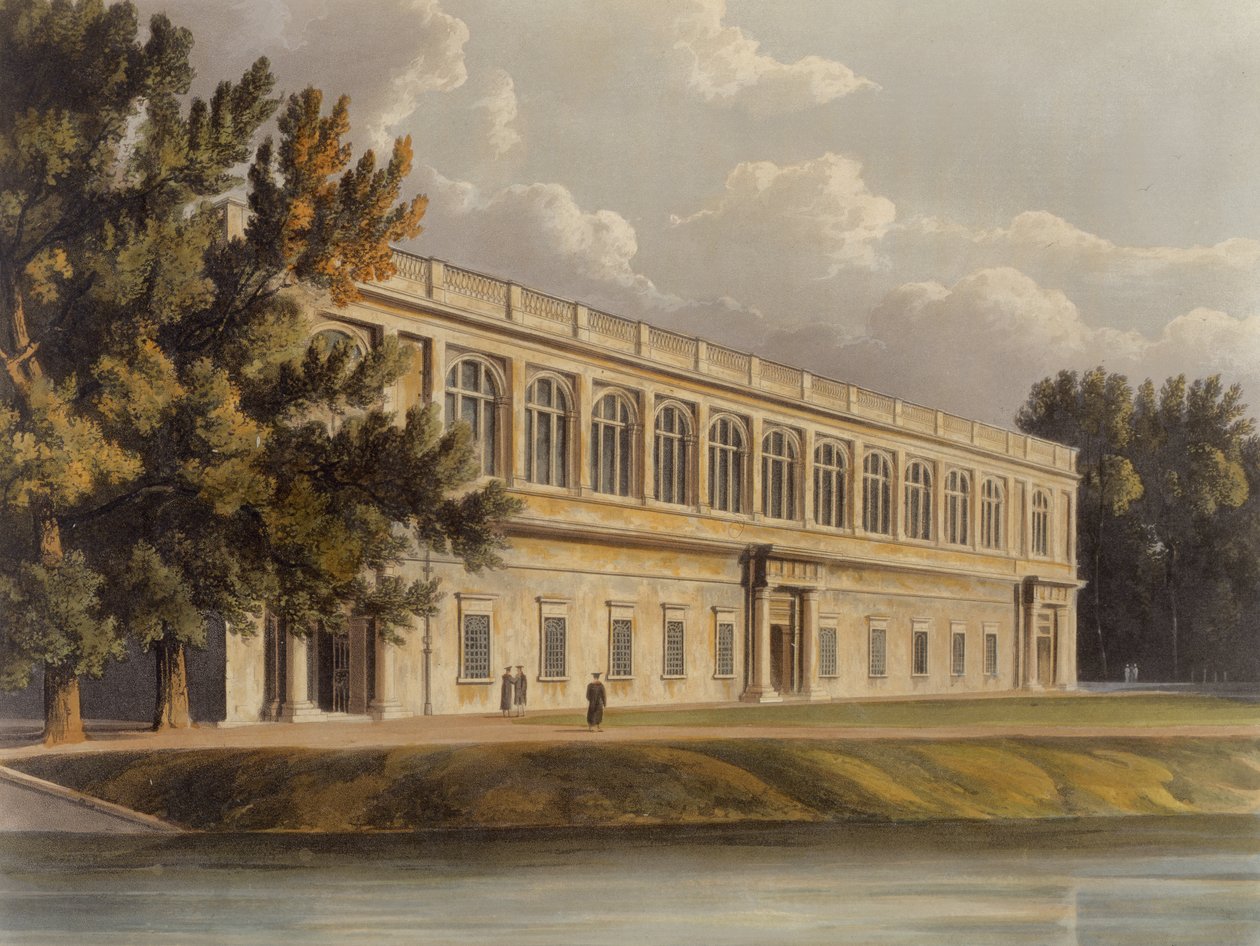 Eksteriør av Trinity Library fra St. Johns Gardens, Cambridge, fra The History of Cambridge, gravert av Joseph Constantine Stadler (fl.1780-1812), pub. av R. Ackermann, 1815 (fargeakvatint) av William after Westall