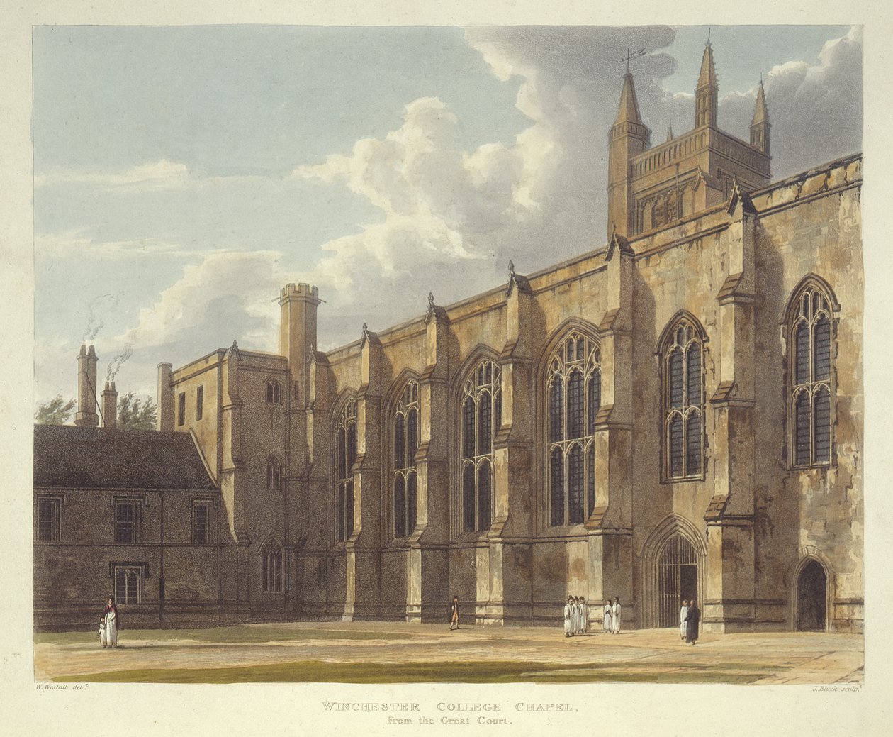 Winchester College Chapel fra Great Court, fra History of Winchester College, en del av History of the Colleges, gravert av J. Bluck (fl.1791-1831) pub. av R. Ackermann, 1816 (akvatint) av William after Westall