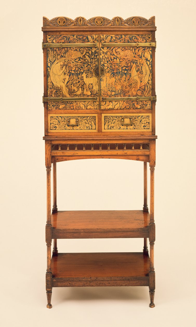 Musikkskap og stativ med voksinnlagt scene av Orpheus som sjarmerer dyrene, designet av William Arthur Smith Benson (1854-1924) og George Heywood Maunoir Sumner (1853-1940), ca. 1889 (mahogni og b). av William and Sumner Benson