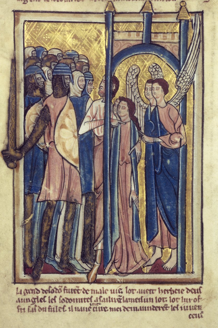 Lot ofrer døtrene sine til innbyggerne i Sodoma, fra en bok med bibelbilder, ca. 1250 av William de Brailes  