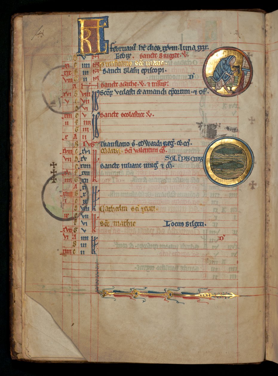 Ms 322 f.1v, februar, en mann som tar av seg skoen ved bålet, illustrasjon fra 