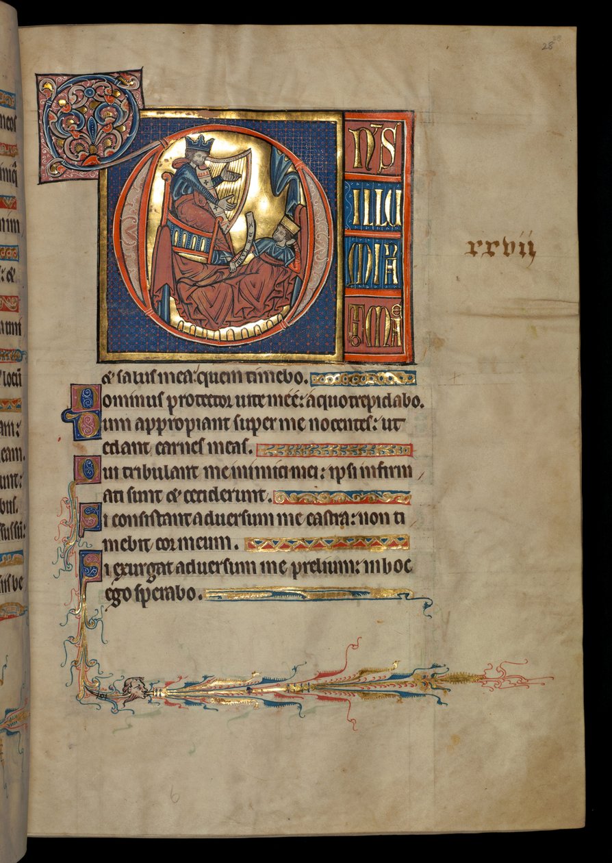 Ms 322 f.28r, Salme 26, initial D, David harping foran Saul, illustrasjon fra 