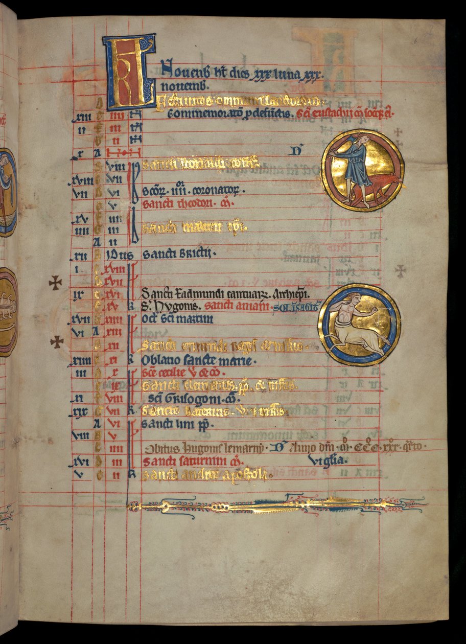Ms 322 f.6r, november, en mann som slakter en gris, illustrasjon fra 