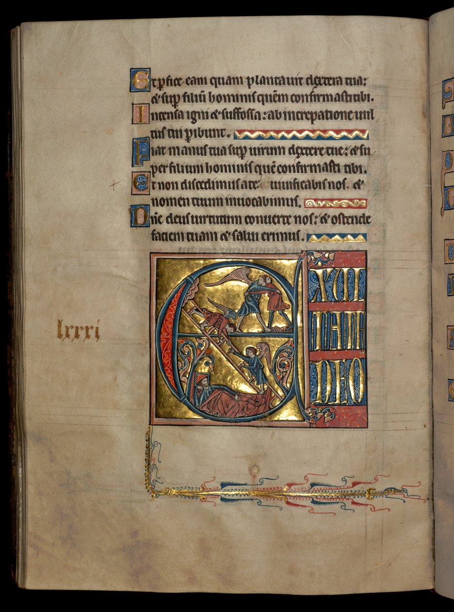 Ms 322 f.82v, Salme 80, initial E, Jakob i kamp med engelen, Jakobs drøm, illustrasjon fra 
