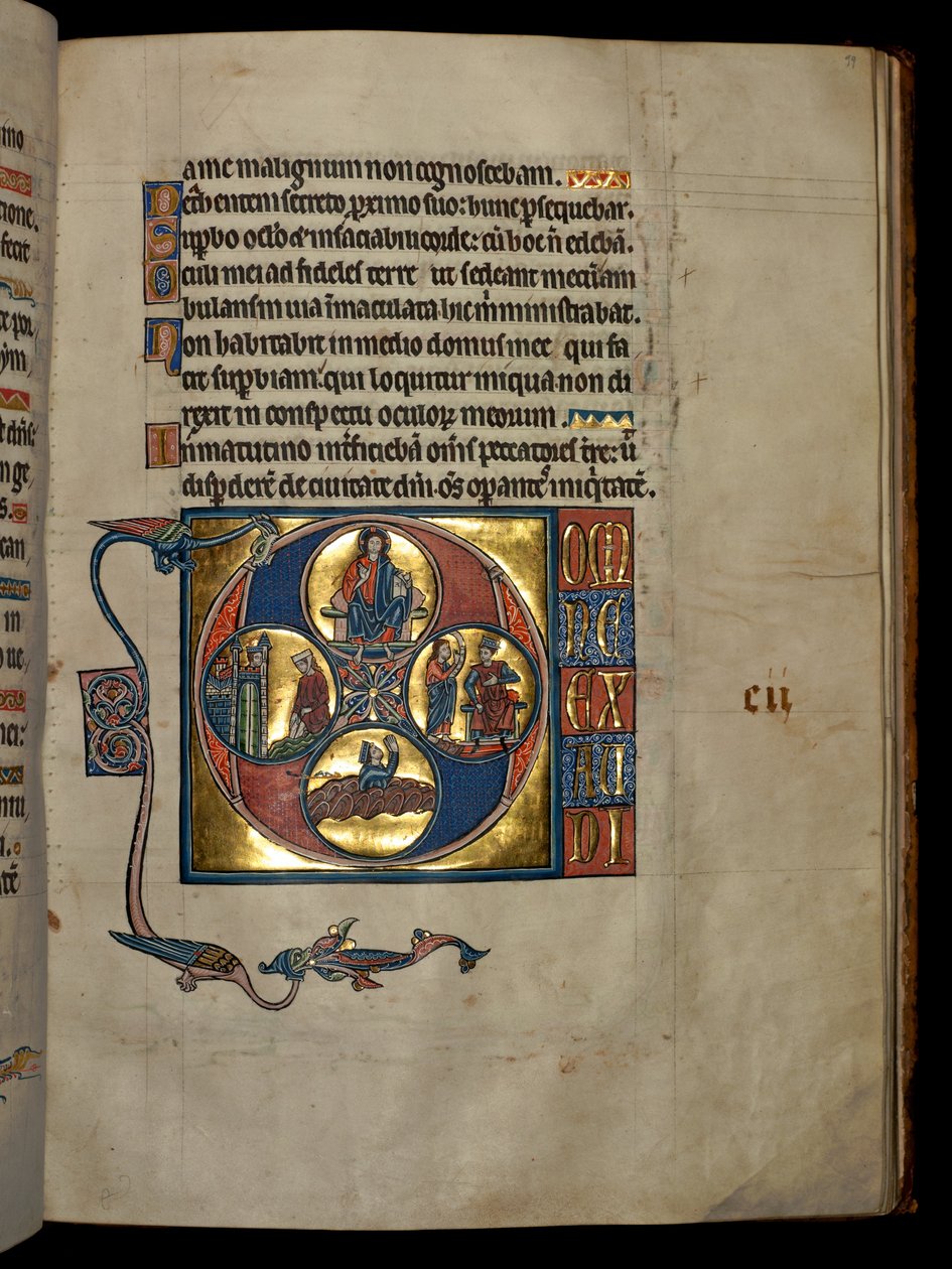 Ms 322 f.99r, Salme 101, initial D, Kristus velsignelse, David stirrer på Bathsheba, Nathan irettesetter David og den angrende David som ber, illustrasjon fra 'De Brailes Psalter', ca. 1250 av William de Brailes  