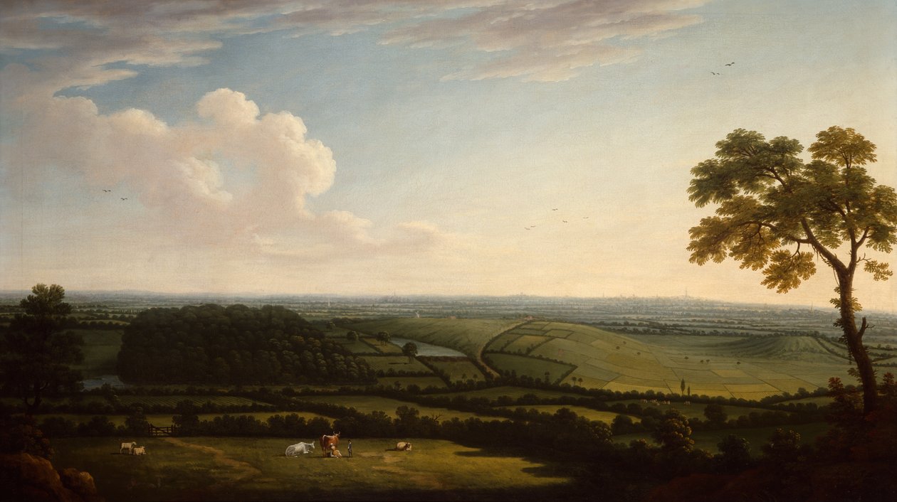 Omfattende skogkledd landskap med en fjern utsikt over en by (olje) av Joseph Mallord William Turner