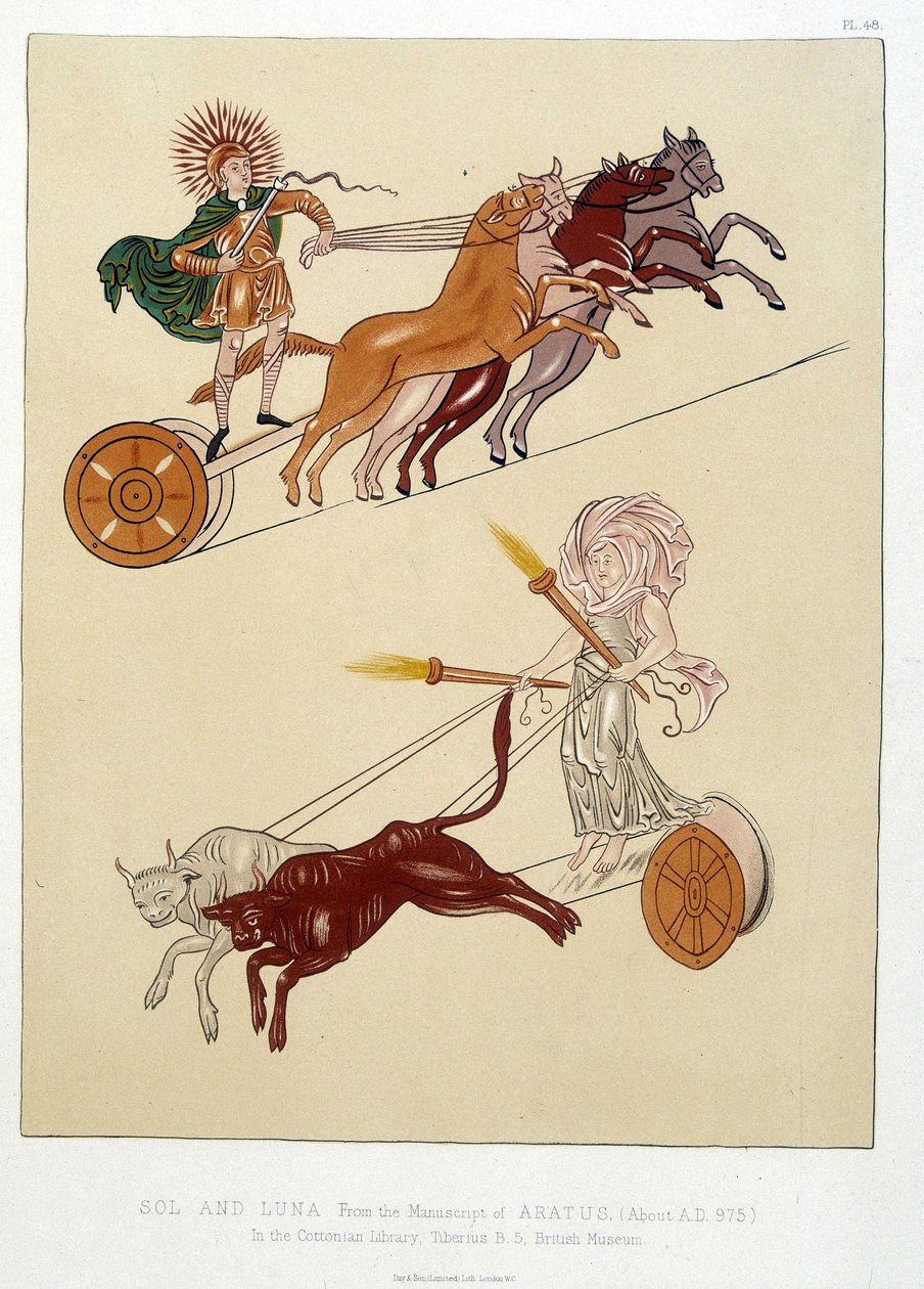 Allegoriske figurer av solen og månen - i "Miniatyrene og ornamentene til anglosaksiske og irske manuskripter" av William (1824- after 1913) Day