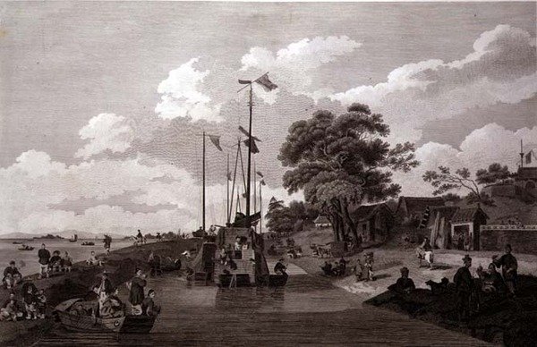 Utsikt over innsjøen Pao-Yng der den er adskilt fra Canal Grande av en jordvoll, gravert av William (1747-1810) og Elizabeth Ellis, pub. av G. Nicol av William (after) Alexander