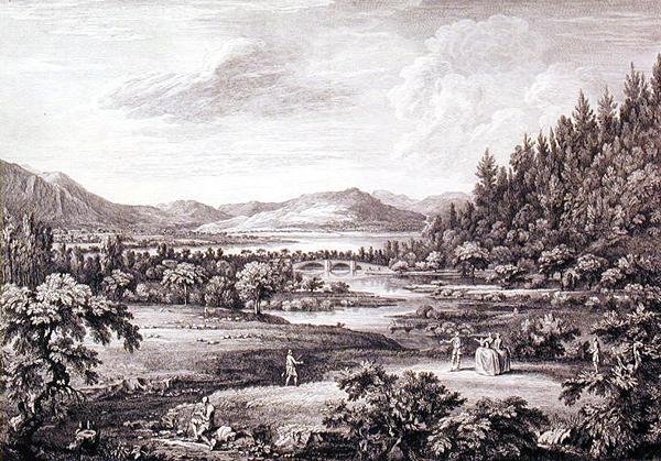 En utsikt fra Ullswater mot Pooley Bridge, gravert av Chatelin og Cannot (gravering) av William (after) Bellers