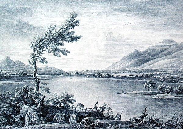 En utsikt over Derwentwater fra Vicars Island mot Skiddaw, gravert av Chatelin og Grignion (gravering) av William (after) Bellers