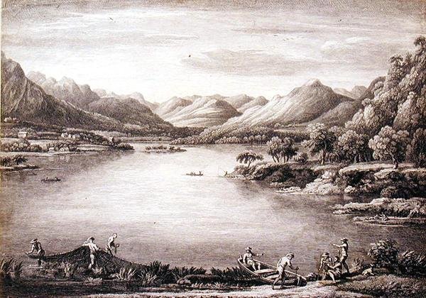 En utsikt over hodet til Ullswater mot Patterdale, gravert av Chatelin og Mason av William (after) Bellers
