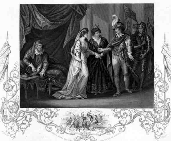 Konklusjonen av Troye-traktaten, i Henry V av William Shakespeare (1564-1616) gravert av J. Rogers (gravering) av William (after) Hamilton