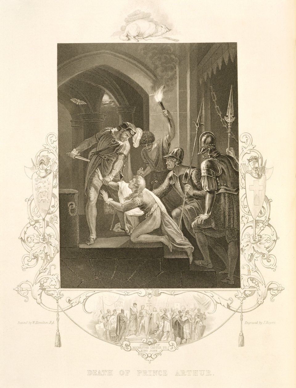 The Death of Prince Arthur, in King John av William Shakespeare (1564-1616) gravert av J. Rogers (gravering) av William (after) Hamilton