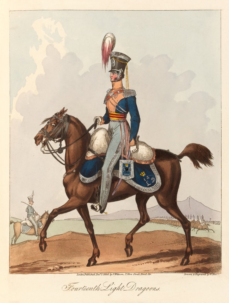 ‘Fjorteenth Light Dragoons’ (akvatint, farget) av William (after) Heath