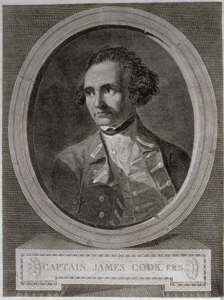 Portrett av kaptein James Cook (1728-79), fra frontispicen til "Journey Round the World to the South Pole" (gravering) av William (after) Hodges