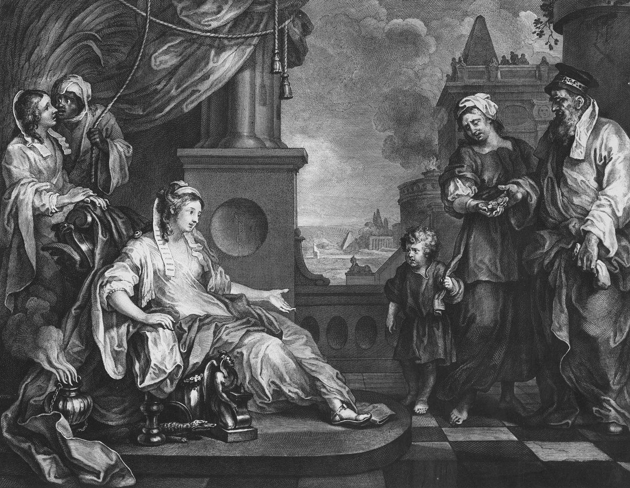 Moses brakt til Faraos datter, ca. 1752 (gravering) av William (after) Hogarth