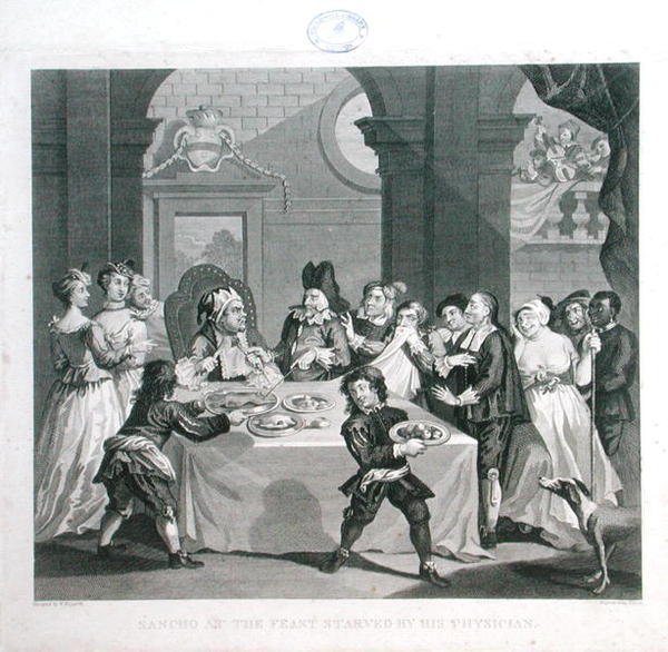 Sancho at the Feast Starved by his Physician, gravert av Thomas Cook (1744-1818) (gravering) av William (after) Hogarth