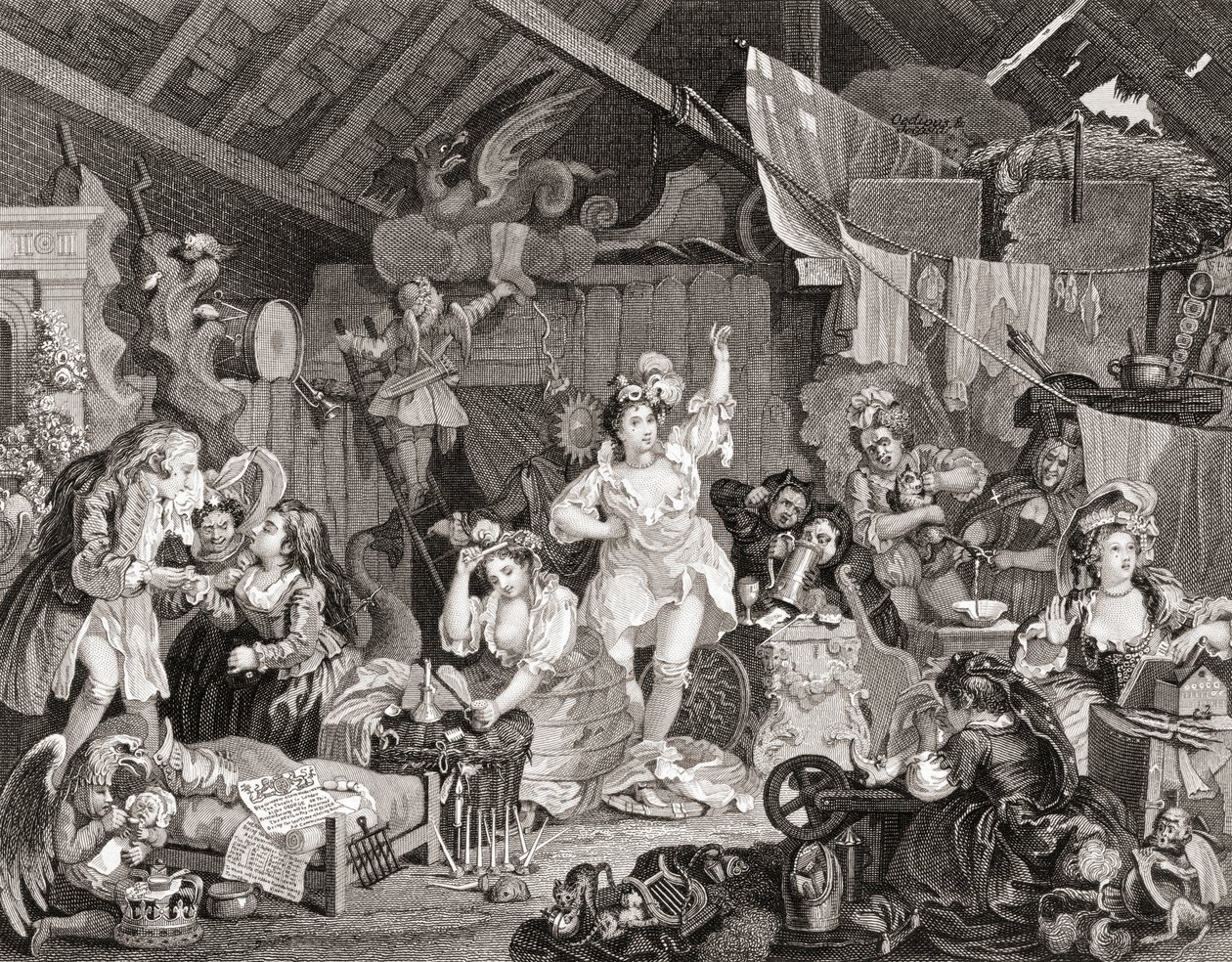 Spaserspillere som øver i en låve, gravert av G Presbury, fra The Works of Hogarth publisert London 1833 (s/hv gravering) av William (after) Hogarth