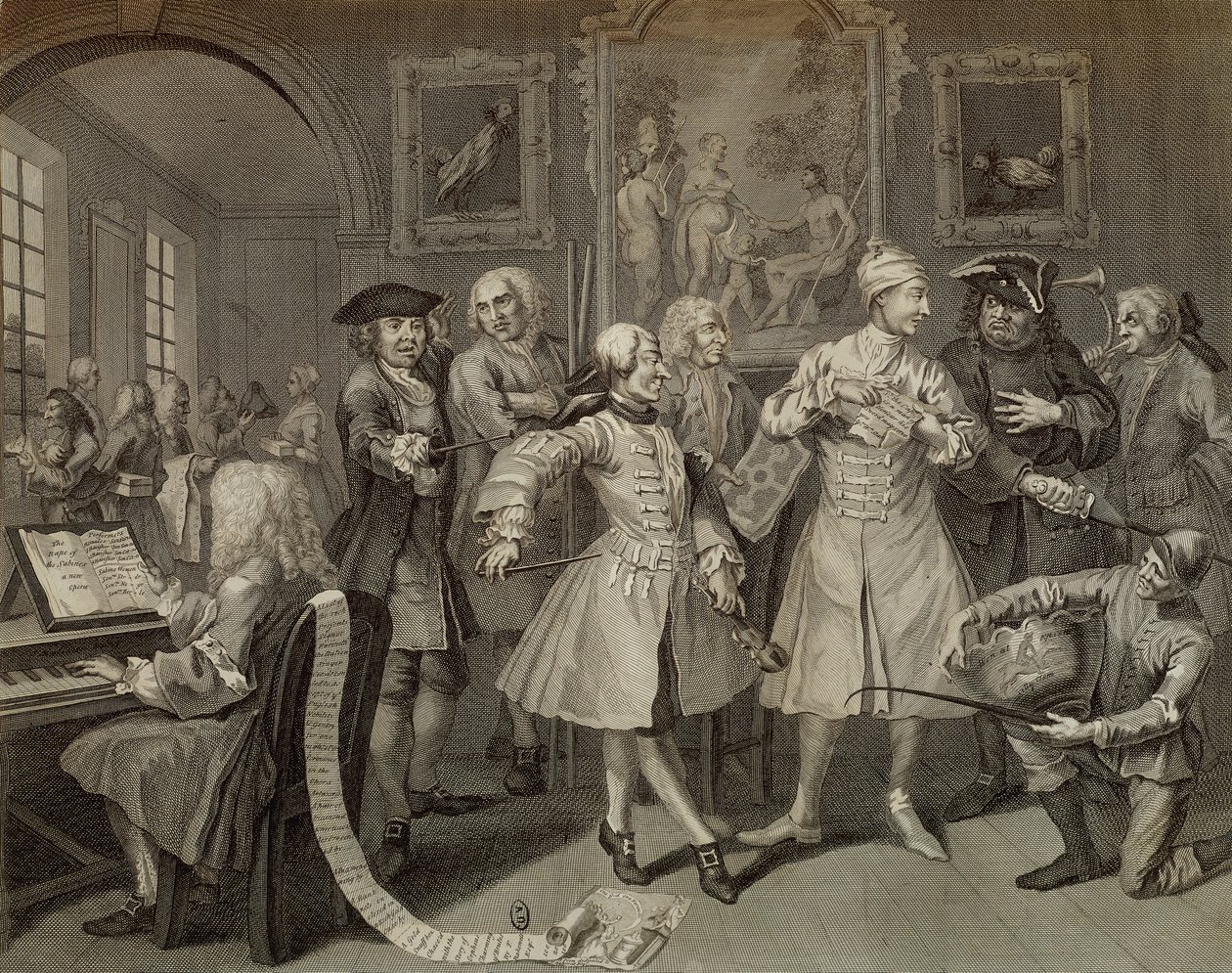 Tom Rakewell omgitt av kunstnere og professorer, plate II fra The Rake