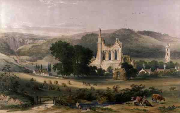 Byland Abbey fra sørvest, fra 